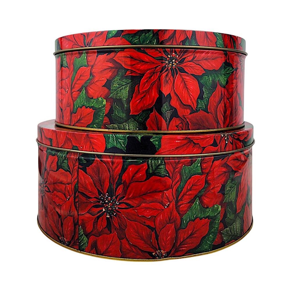 Red Poinsettia Floral Covered Christmas Metal Tin Round Containers, Set of 3 - Picture 6 of 9